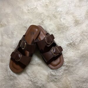 BAMBOO Brown Double Buckle Slide Sandals